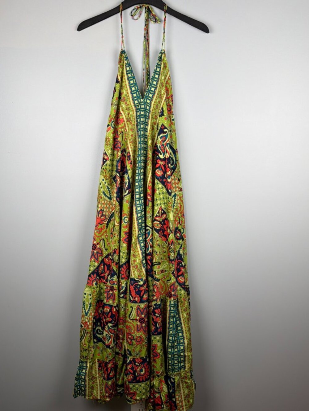 Silk Maxi Dress Womens Free Size Green Halter Beach Bohemian Resort Island Tiki